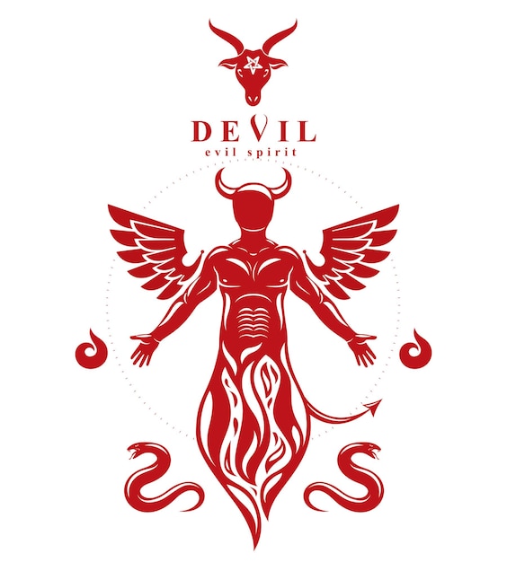 Vector illustration of human, horned frightening creature made with bird wings. Evil spirit, flame demon.