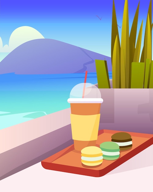 Vector vector illustration ice coffee and macaroon