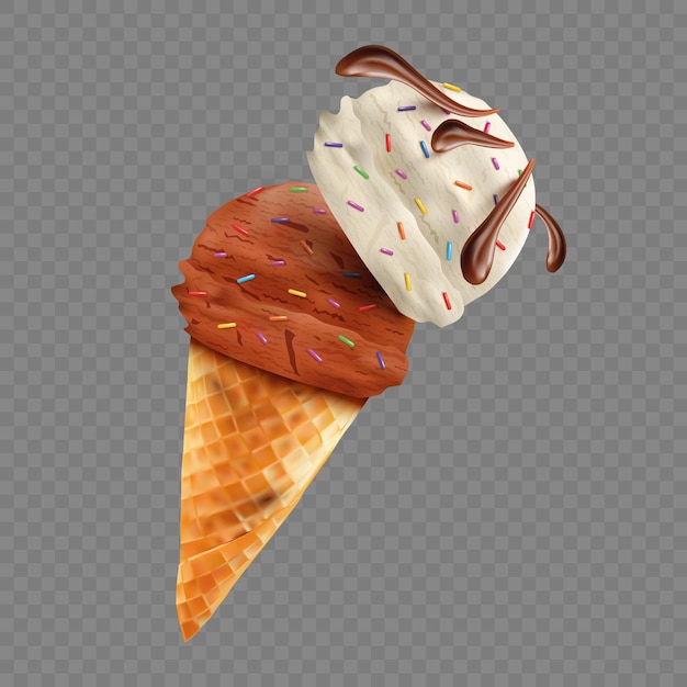 Vector illustration ice cream cone with chocolate and nuts on transparent background