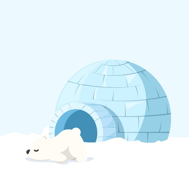 Vector illustration of igloo on snow ground with baby polar bear ice dwelling of the eskimos