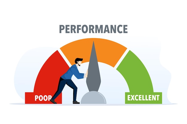 Vector illustration of improving performance assessment with man pushing indicator needle to excel