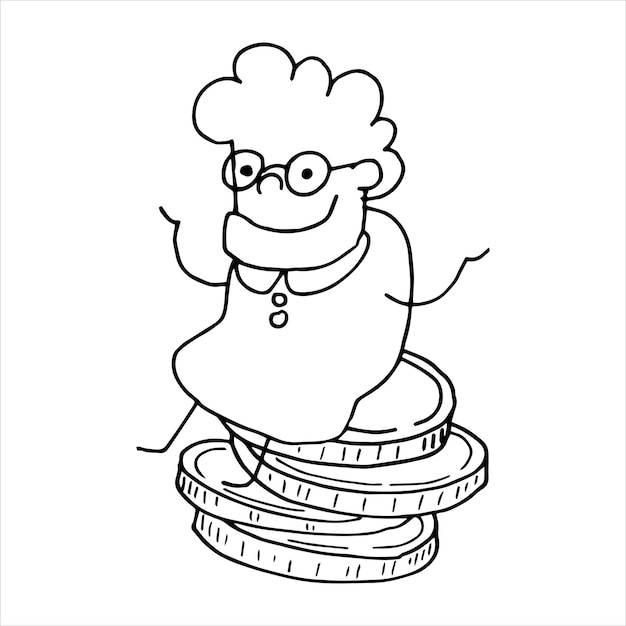 Векторная иллюстрация в стиле каракулей пожилая женщина бабушка и денежный символ финансового