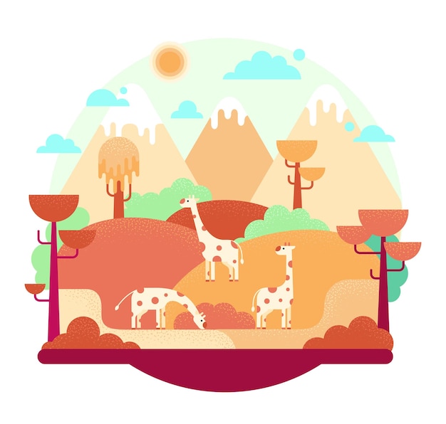 Вектор Векторная иллюстрация в плоском мультяшном стиле три жирафа в саванне