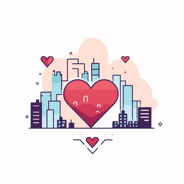 ベクトル 都市風景と心臓の平面線形のベクトルイラストレーション 愛のコンセプト