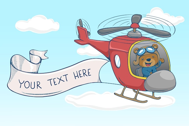 Векторная иллюстрация в ручном стиле мультяшный милый медведь на вертолете тянет баннер
