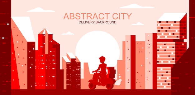 Векторная иллюстрация в простом плоском стиле - городской пейзаж с курьером на скутере