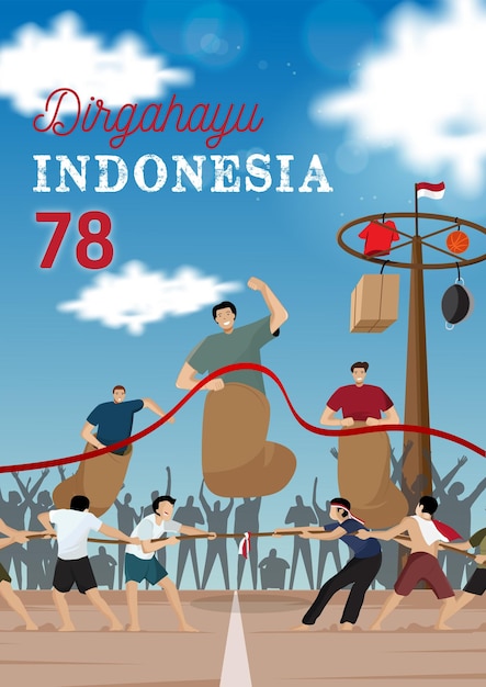 Vector Illustration independence day of Indonesia tarik tambang balap karung event Background Blue