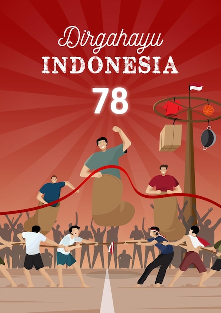 Vettore illustrazione vettoriale giorno dell'indipendenza dell'indonesia tarik tambang balap karung evento sfondo rosso