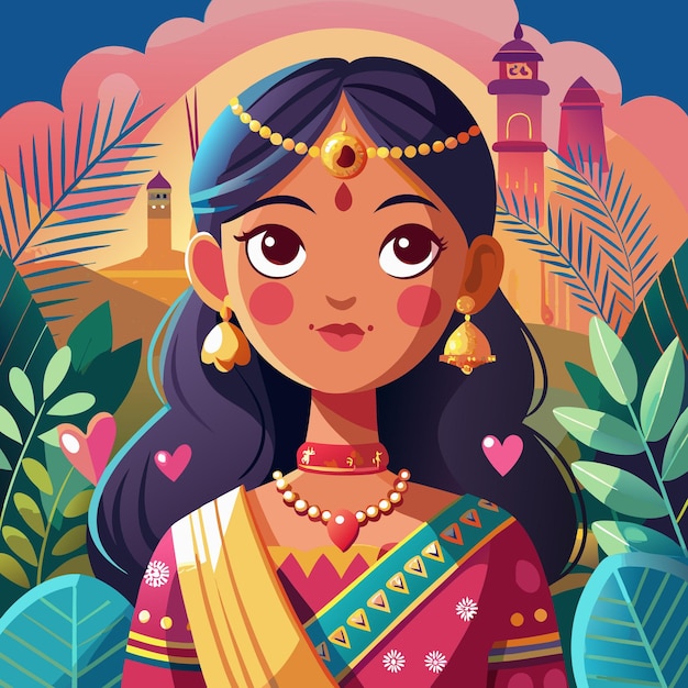 Vector vector illustration of indian girl dressed in traditional sari and a bindi adorning her forehead