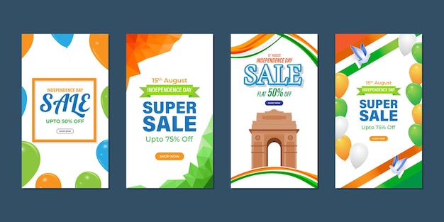 Vector illustration of Indian Independence Day Sale social media story feed set mockup template