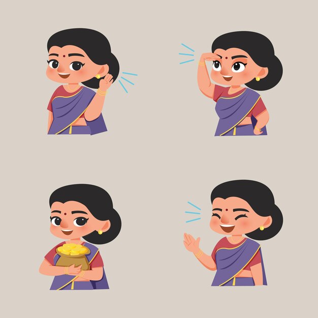 Vector vector illustration of indian woman in variety pose included seeing hearing and speaking activities