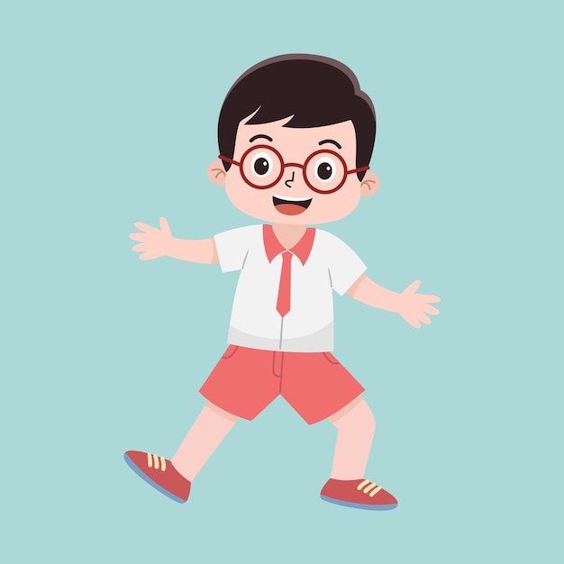 Vector Illustration of Indonesian Elementary School Boy in White and Red Uniform and Flat Style