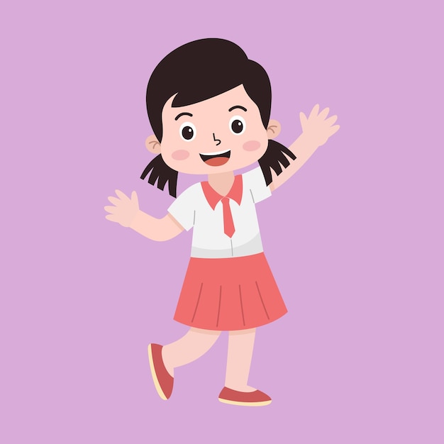 Vector vector illustration of indonesian elementary school girl in white and red uniform and flat style