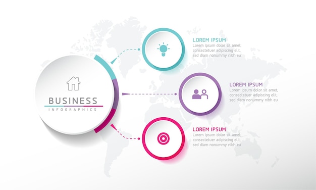Grafico di presentazione delle informazioni aziendali del modello di progettazione di infographics dell'illustrazione di vettore con 3 o
