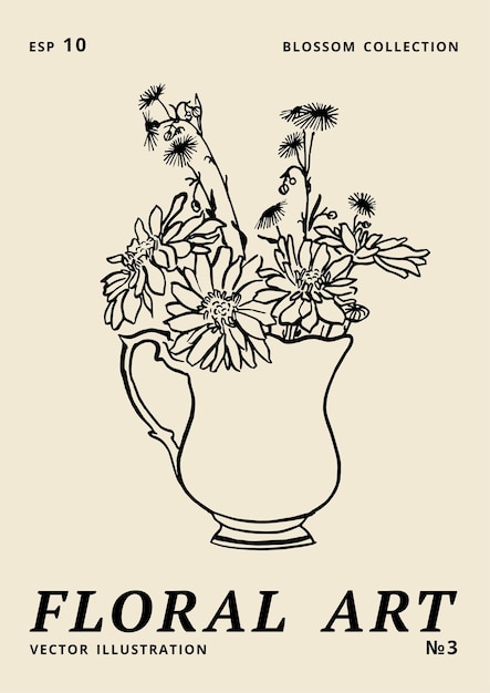 꽃병 아트에 데이지와 카모마일 꽃이 있는 벡터 그림 잉크 꽃 포스터는 인쇄 벽 예술 배너 배경에 사용할 수 있습니다.
