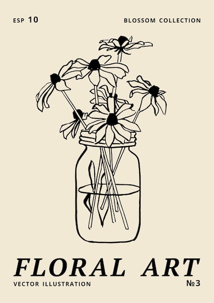 Poster floreali di inchiostro di illustrazione vettoriale con fiori di echinaces in vaso arte per stampe su sfondo banner di arte della parete