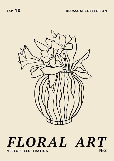 꽃병 아트에 프리지아 꽃이 있는 벡터 그림 잉크 꽃 포스터 인쇄 벽 아트 배너 배경