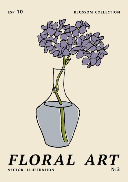 Vector illustration ink floral posters with hydrangea flowers\
in vase art for for prints wall art banner background