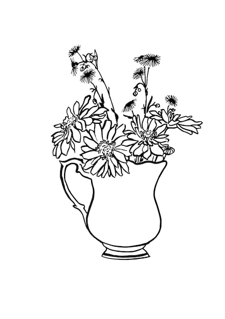 Векторная иллюстрация чернильный эскиз с маргаритками и ромашковыми цветами в вазе искусство для для отпечатков настенное искусство фон баннера