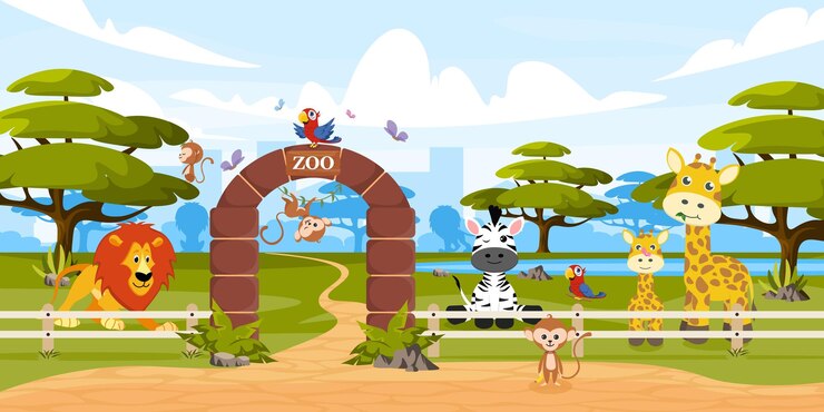 Vector vector illustration of innovative zoo cartoon urban buildings with animals behind the fence trees pond lions monkeys zebras giraffes parrots and city in the background