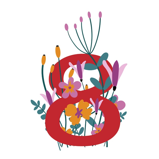 Vector illustration for International Women's Day. Stylish floral spring illustration. Red number.