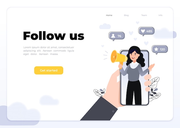 Vector illustration for internet advertisement. hands holding smartphone with a girl shouting in loud speaker. influencer marketing, social media or network promotion, smm banner, landing page,flyer.