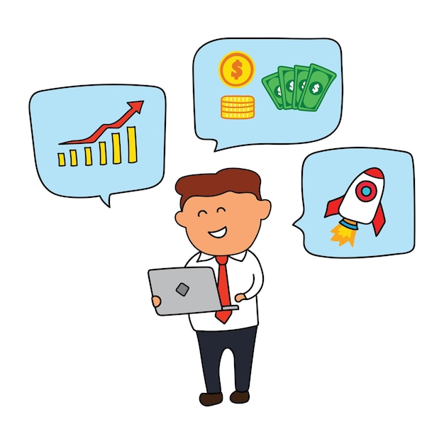 Vector Illustration of an Investor Trader standing with laptop thinking on investing