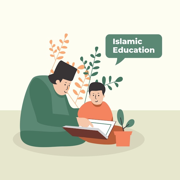 Vector illustration of islamic education muslim students and teachers reading the holy quran