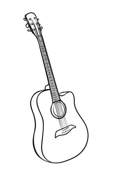 Vector illustration, isolated acoustic guitar in black and white colors, outline hand painted drawing