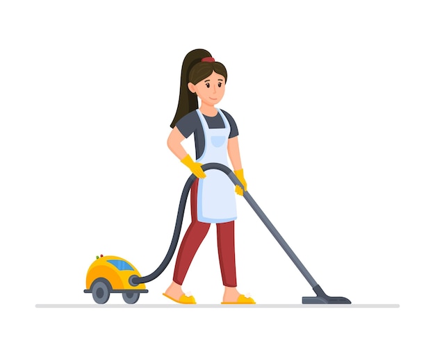 Vector illustration of an isolated housewife at work. a character in a flat style, a woman vacuuming the house.