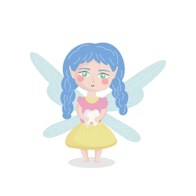 Vector illustration isolated on white background Cartoon tooth fairy with blue hair and tooth Fairy tale concept for design of children's clothes stickers invitations