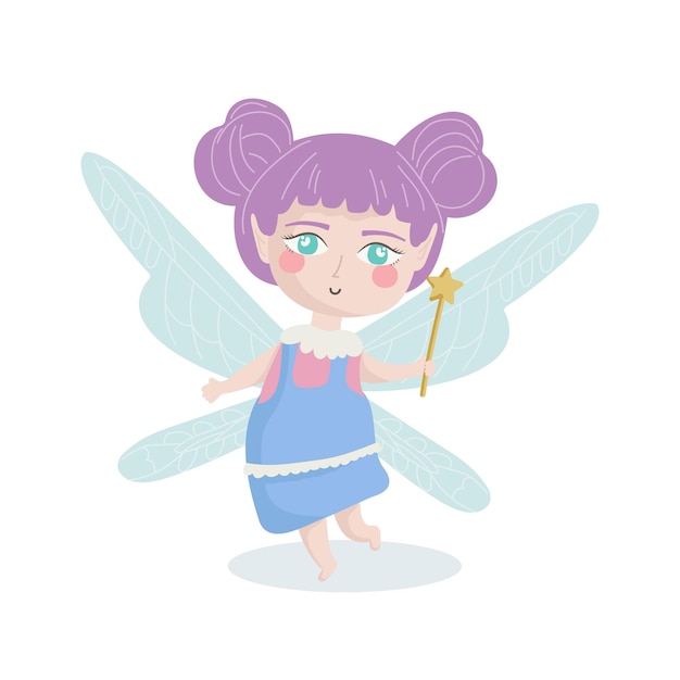 白い背景で隔離のベクトル図紫の髪と魔法の杖を持つかわいい妖精子供の装飾の招待状のおとぎ話のキャラクターの概念