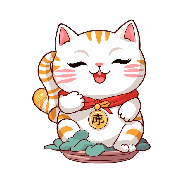 Vector illustration isolated on white kawaii asian cat Neko with one hand up Lucky cat Maneki Neko