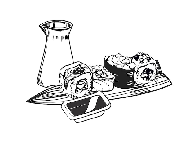 Векторная иллюстрация японской кухни, тематические роллы, суши, сашими, соевый соус, листья бамбука, нарисованные вручную