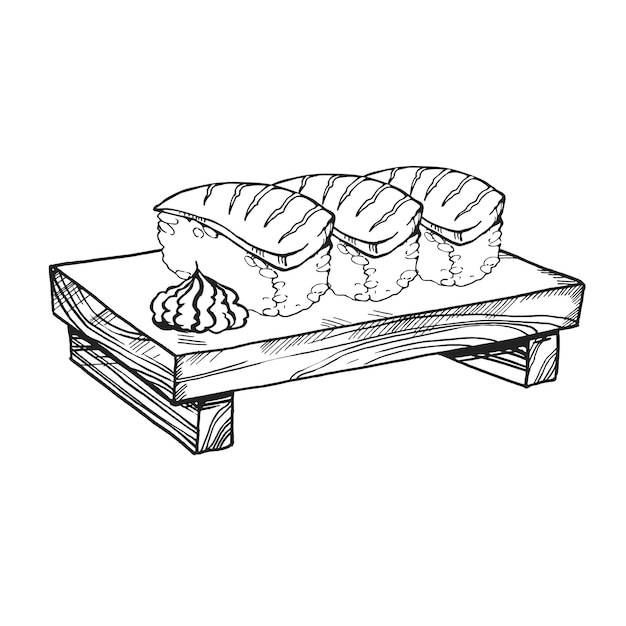 векторная иллюстрация темы японской кухни с суши сашими васаби на деревянной доске, нарисованная вручную