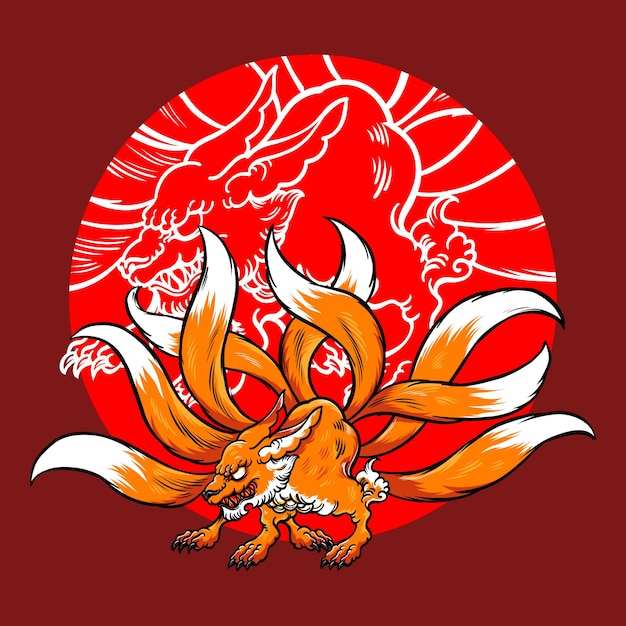 Vector vector illustration of japanese kitsune nine tailed fox