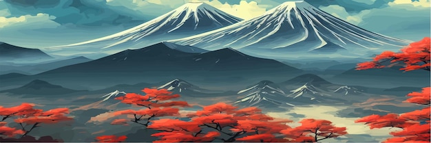 Vector vector illustration of japanese mount fuji with variety of trees ideal for travel sports or