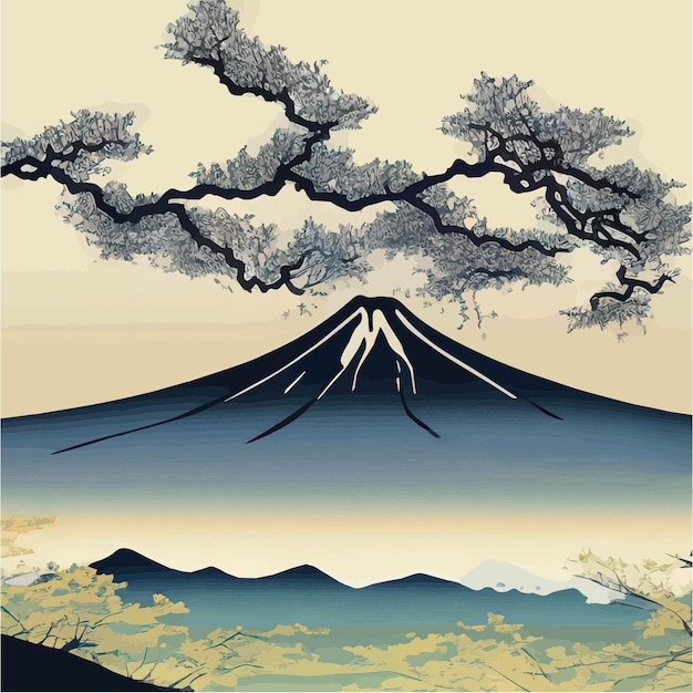 Illustrazione vettoriale monte fuji giapponese con alberi di varietà perfetti per viaggi sportivi o spirituali