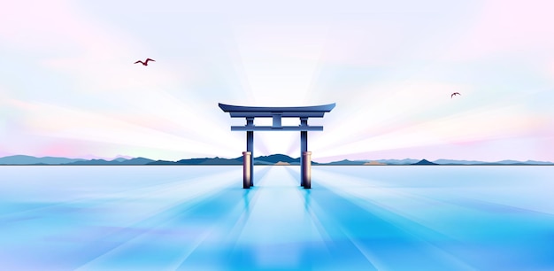 Векторная иллюстрация японских ворот Тори над водой и ошеломляющим чистым небом, подверженным солнечным лучам