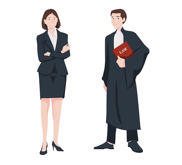 Векторная иллюстрация судебной системы Постоянная женщина-юрист или юрист в юбке и судья в халате и с законом в руке в мультяшном стиле