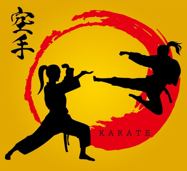 Vettore illustrazione vettoriale di karate in lotta isolato su sfondo giallo con pennello cerchio rosso