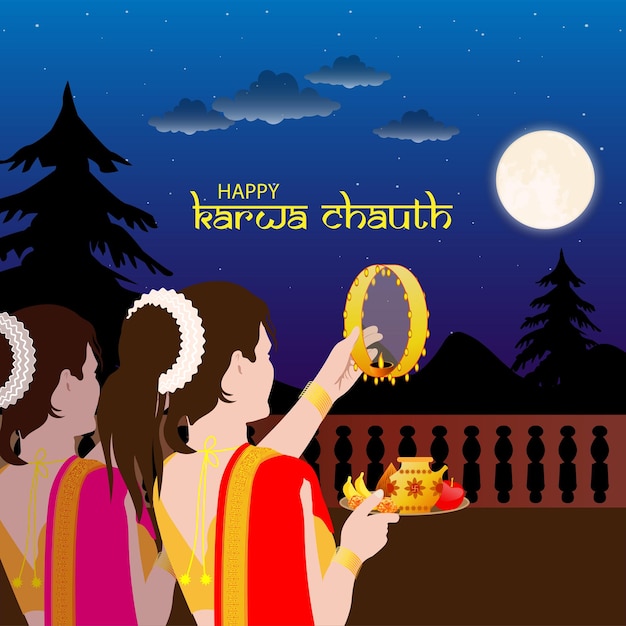 Vettore illustrazione vettoriale per karwa chauth un festival indiano il giorno in cui le mogli digiunano per tutto il giorno