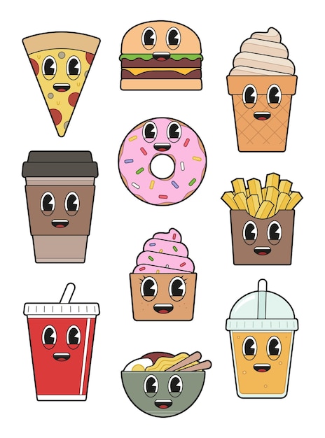 Vettore illustrazione vettoriale di un set di caratteri fast food dei cartoni animati kawaii.