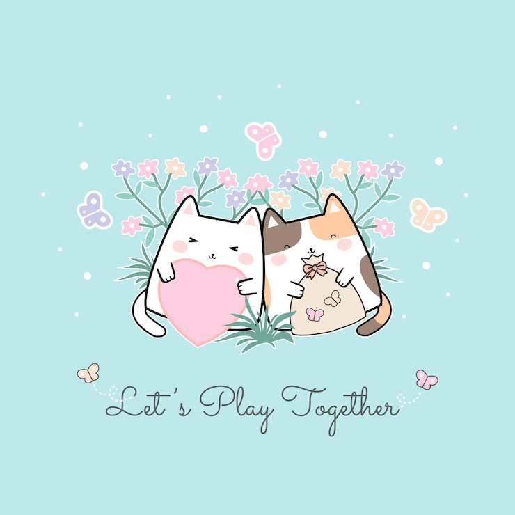 Vector vector illustration kawaii cute cat cartoon doodle background with text - let's play togethere. perf