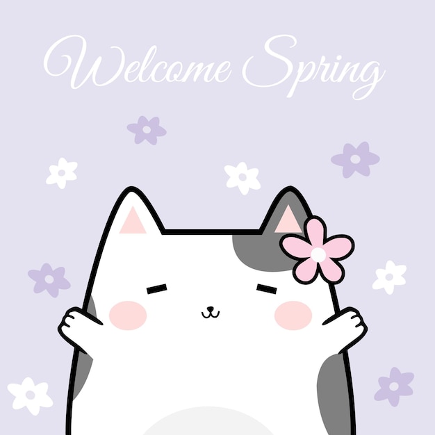 Vector illustration kawaii cute cat cartoon doodle background with text - Welcome Spring.