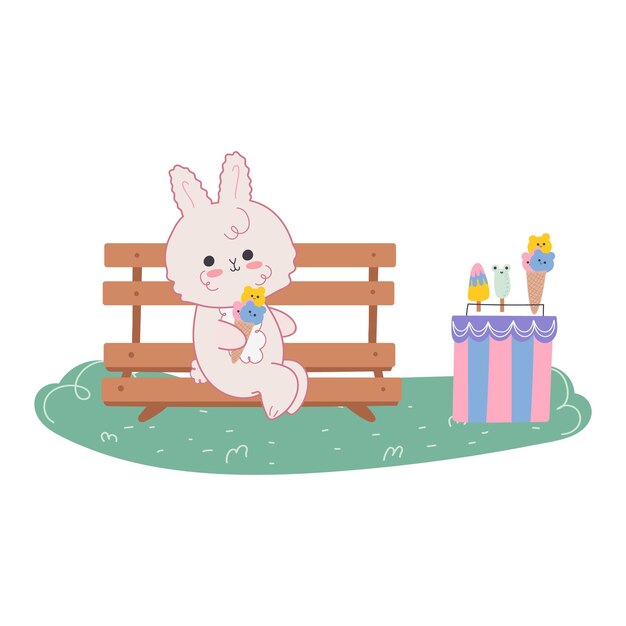 Vector illustration of kawaii rabbit sitting on a bench with ice cream. Summer time party concept