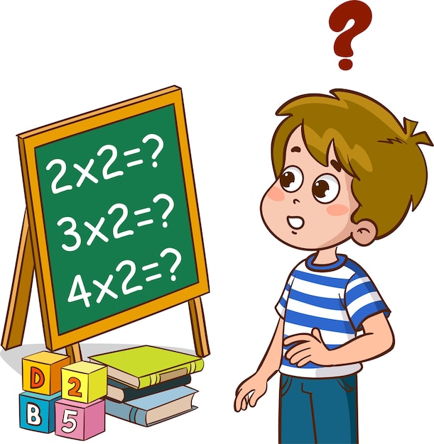 Vector vector illustration of a kid boy standing beside a chalkboard with question mark