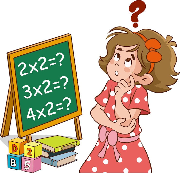 Vector vector illustration of a kid boy standing beside a chalkboard with question mark