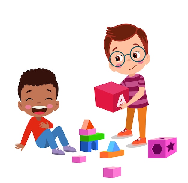 Vector illustration of kid playing with building blocks