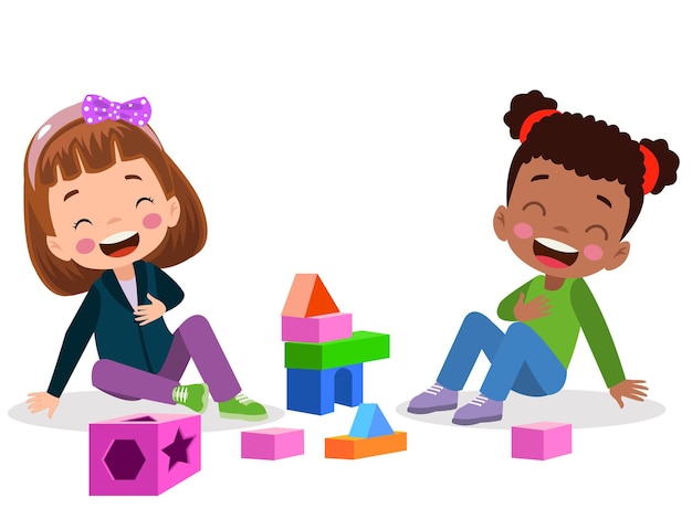 Vector vector illustration of kid playing with building blocks